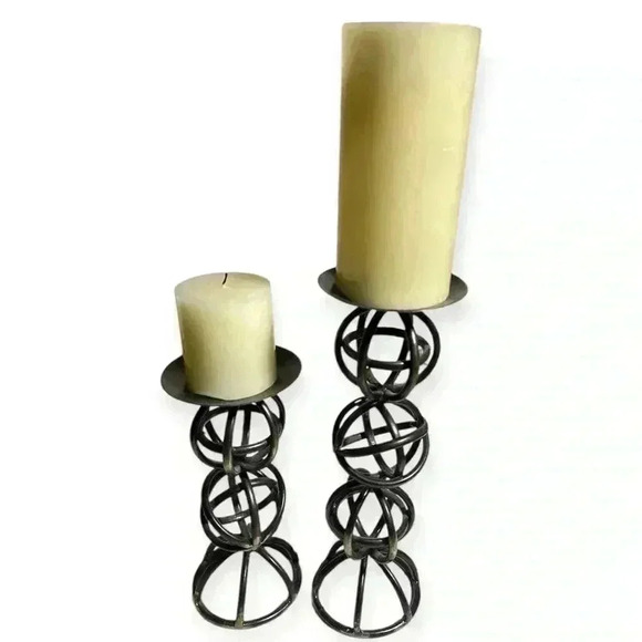 Modern Metal Orb Candle Holders Set of 2 - Rustic Black Finish - Picture 2 of 6